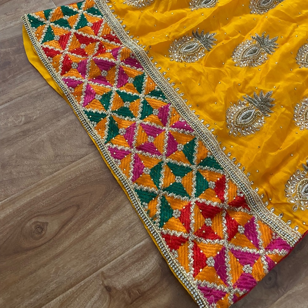 Three Piece Indian Mustard Yellow Folkari Jago Suit - Picture 3 of 11